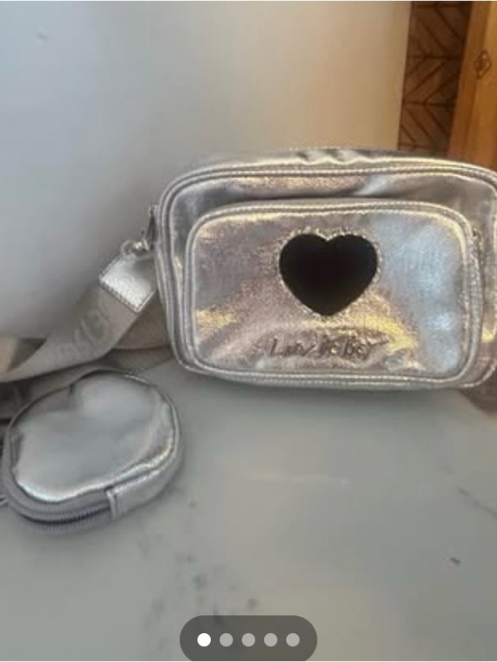 Betsey Johnson Heart Patch Crossbody Bag in Metallic Silver